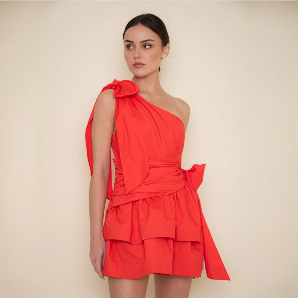 Resort Asymmetrical Shoulder Bow Tie Mini Dress